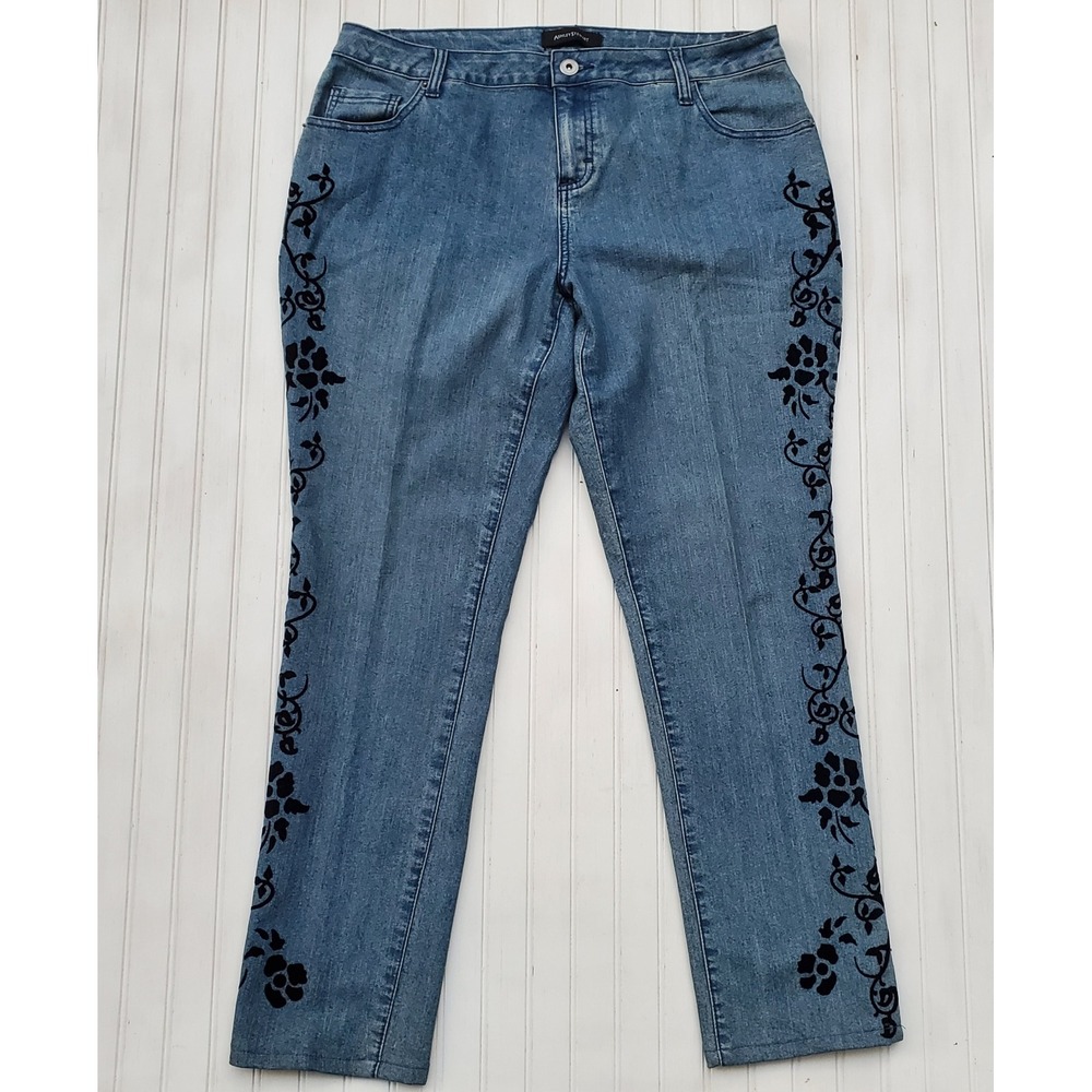 Ashley Stewart Womens 14W Blue Denim Velvet Floral Flocked Straight Leg Jeans